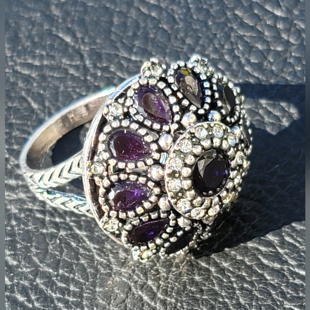 Deep Blue/Purple, Floral, Domed Cocktail Ring, Sz 10- Vintage, Estate